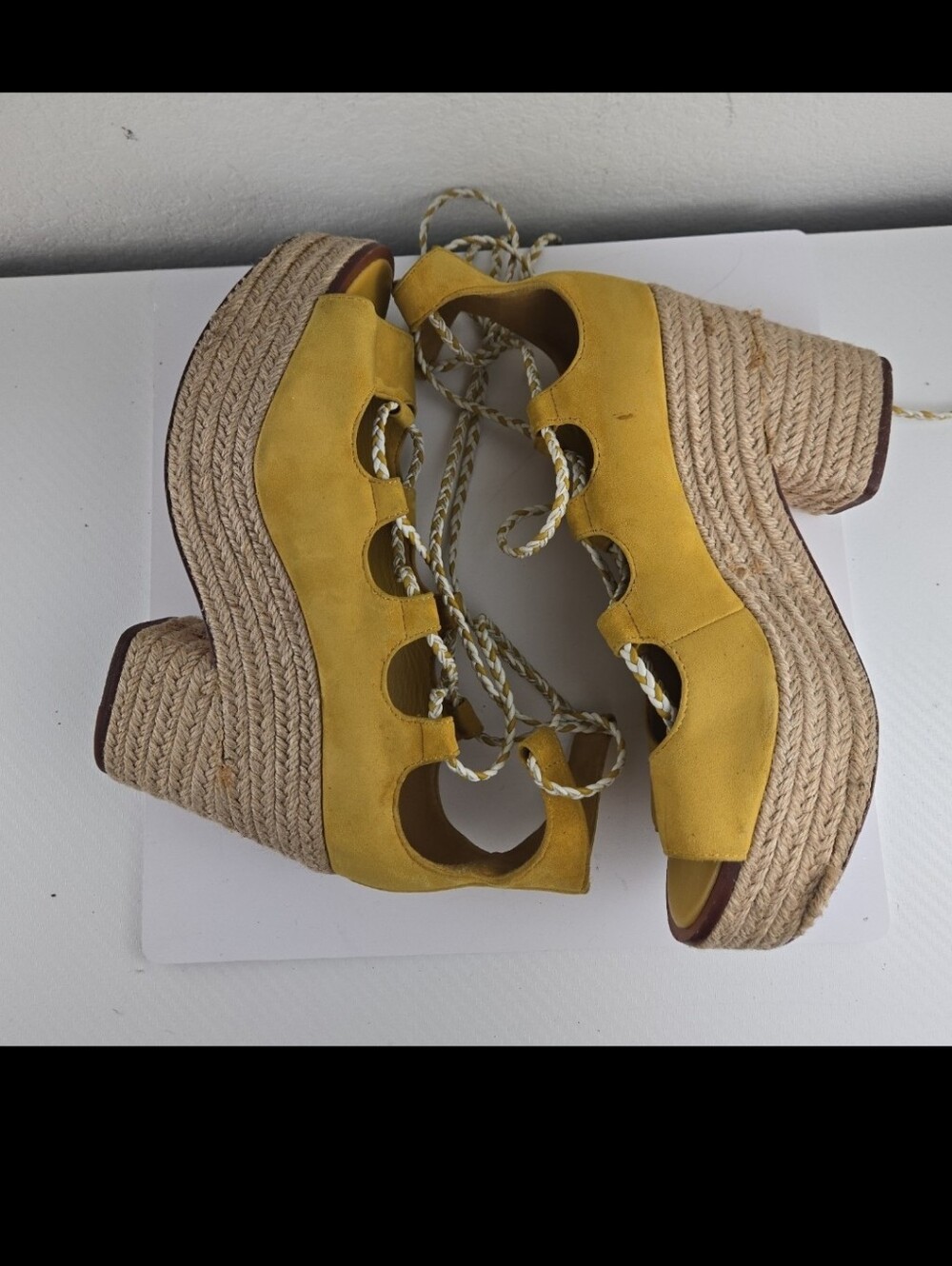 Tory Burch Mustard Yellow Espadrille Lace-Up Wedge Sandals - Picture 6 of 12